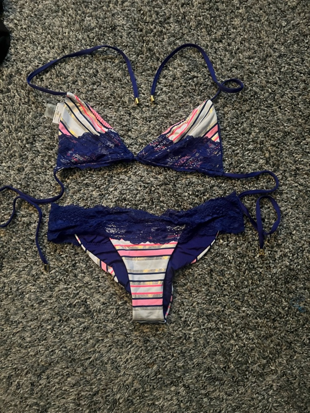 Beach Bunny White Navy Pink Striped Swimwear Top